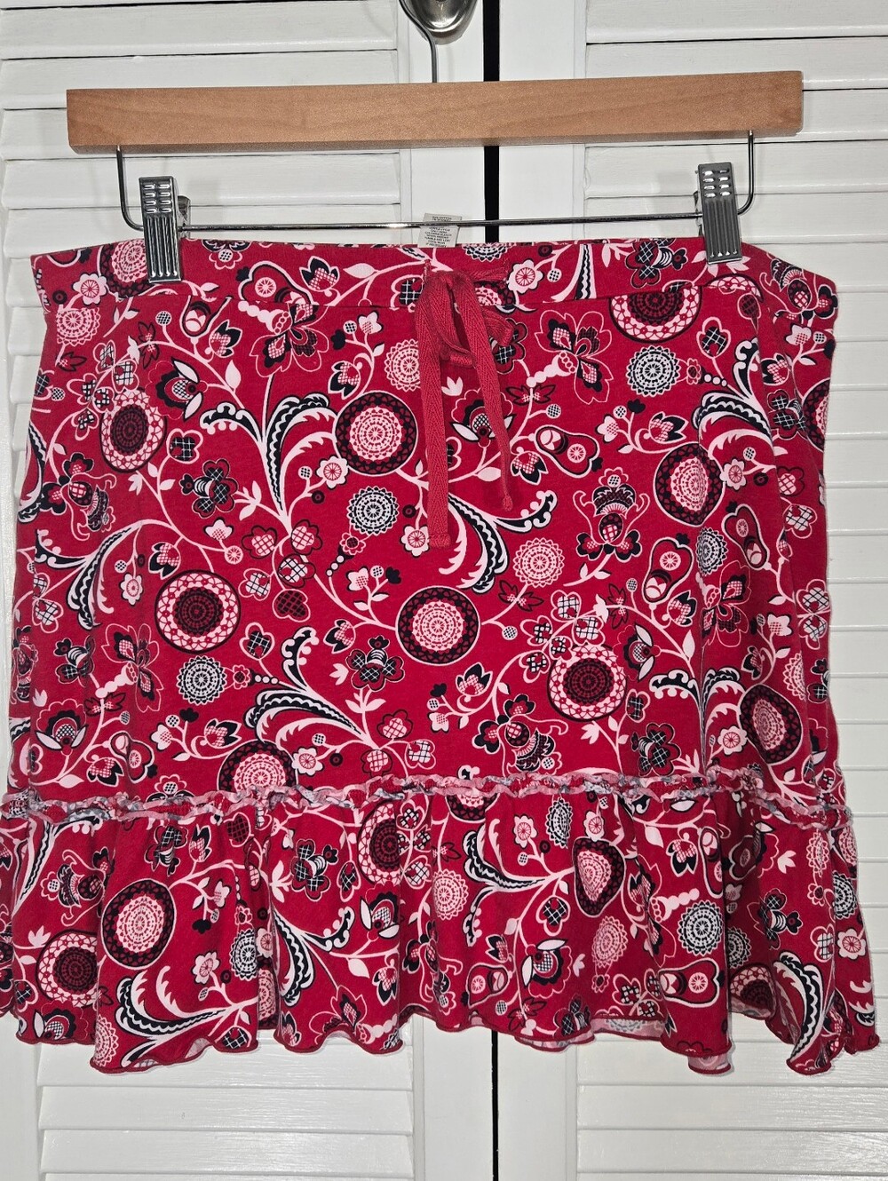 Loft Red Floral Boho Medallion Ruffled Hem Drawstring Elastic Waist Mini Skirt M